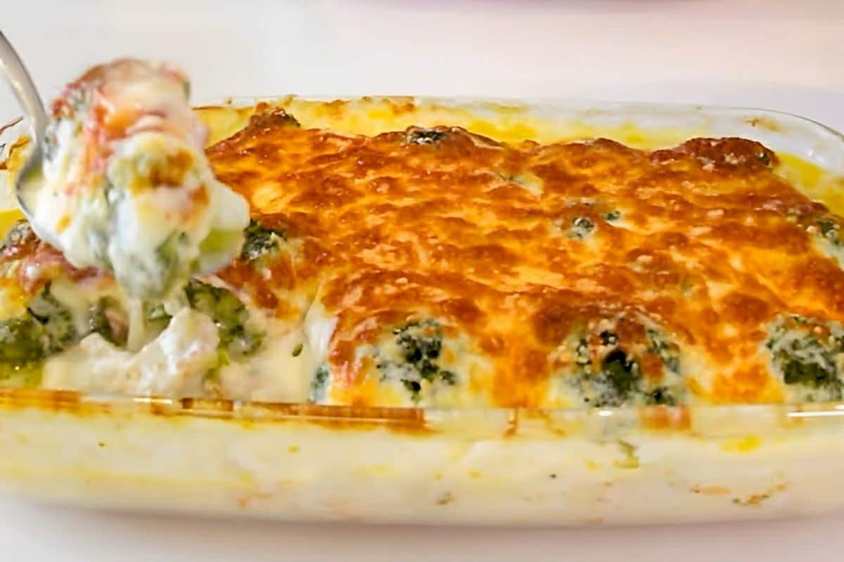 Brócolis gratinado peito de frango e molho branco cremoso delicioso