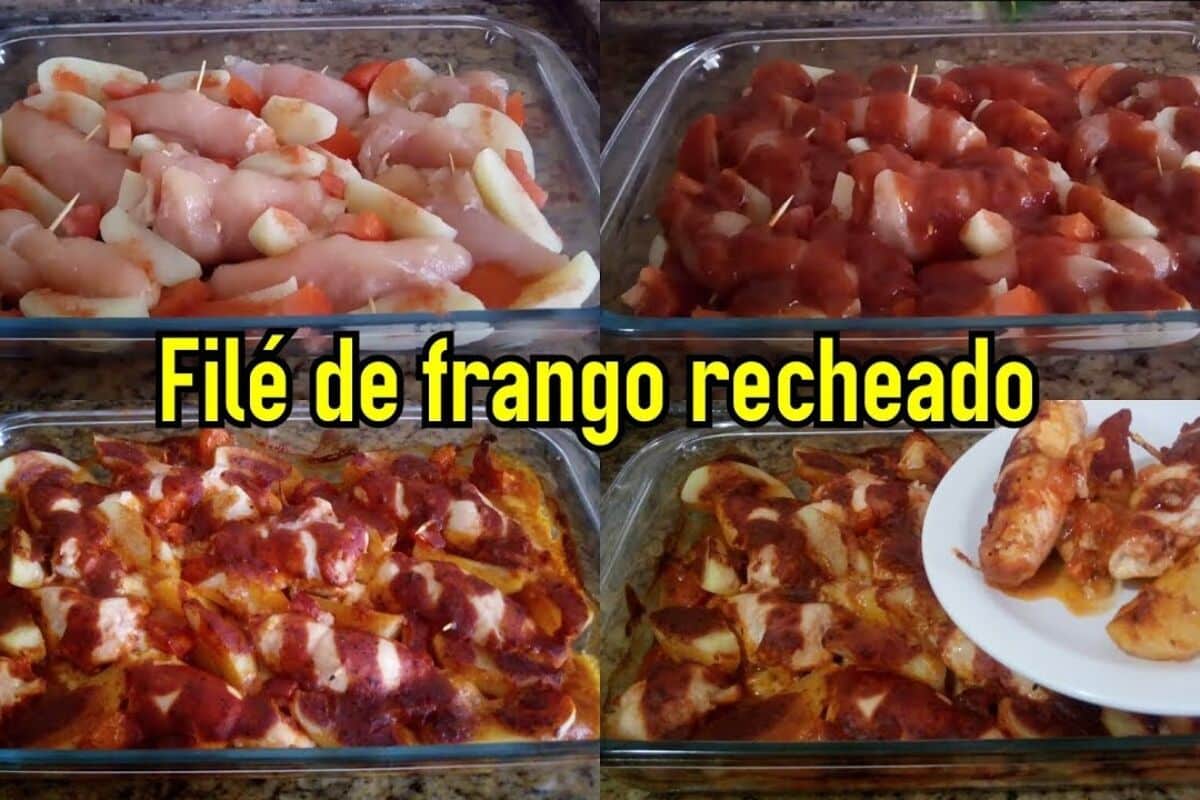 Filé de frango recheado com queijo e batatas ao forno, a opção ideal para uma refeição prática 155 Filé de frango recheado