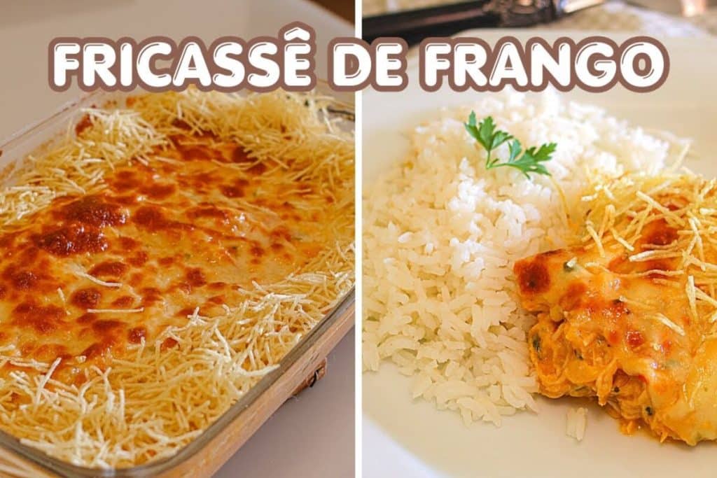 Fricassê de frango gratinado com bastante queijo derretido e batata palha crocante, uma delícia 68 Fricassê de frango gratinado