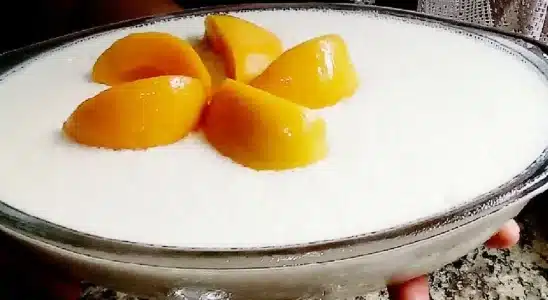 Gelado de pêssego cremoso e refrescante, combinando a leveza do creme com pedaços da fruta 1 Gelado de pêssego cremoso