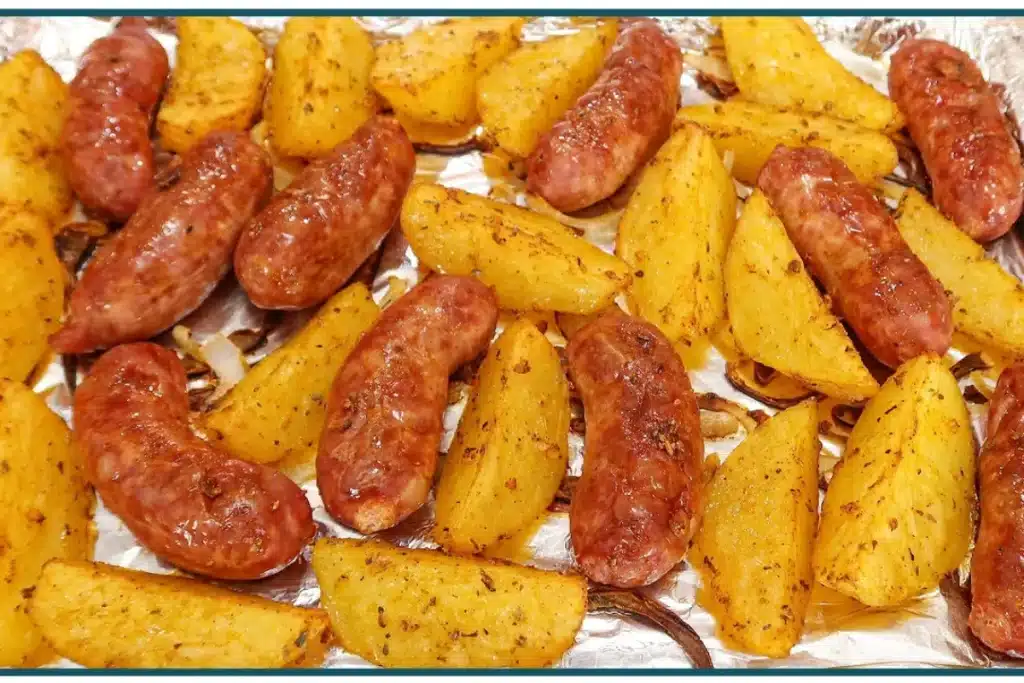 Linguiça com batata preparada no forno com um tempero especial que fica muito suculento 4 Linguiça com batata