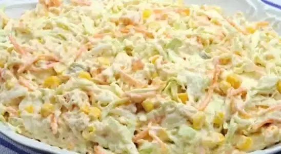 Salada de repolho cremoso com frango desfiado bem temperado, para você servir bem geladinha 3 Salada de repolho cremoso