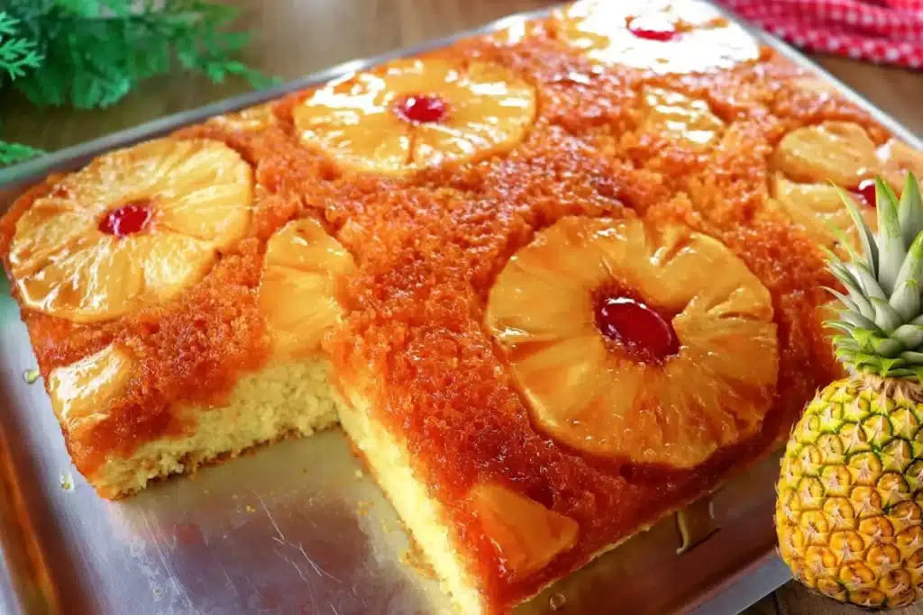 Bolo de abacaxi caramelizado lindo, fofinho e com aquela calda dourada perfeita 4 Bolo de abacaxi caramelizado