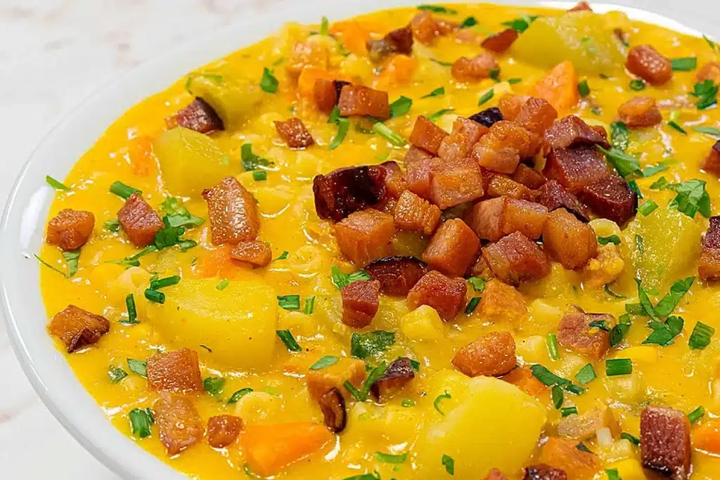 Sopa cremosa de milho de latinha preparada com bacon, macarrão e legumes em uma panela só 4 Sopa cremosa de milho