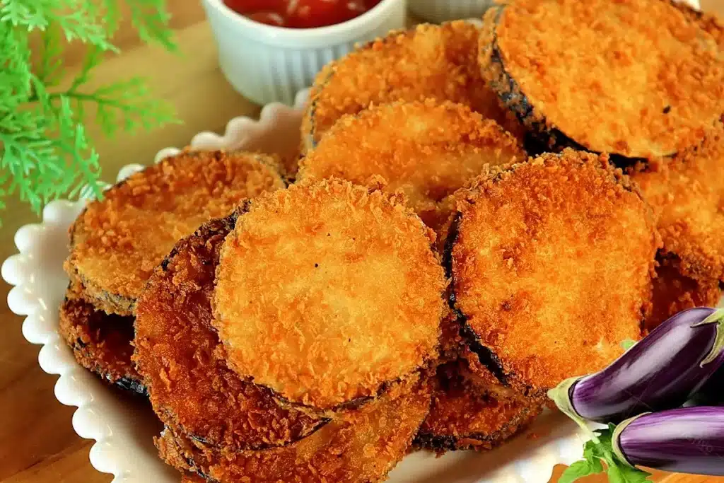 Berinjela à milanesa crocante por fora, macia por dentro e bem sequinha, um acompanhamento incrível 4 Berinjela à milanesa