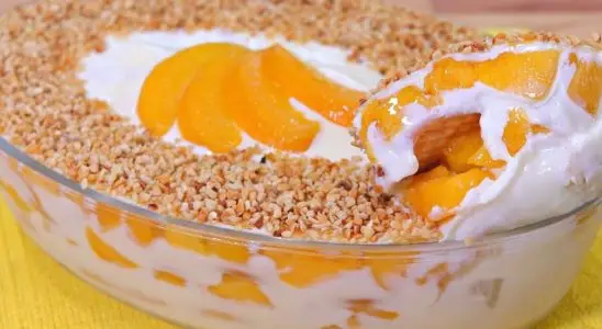 Pavê de pêssego na travessa, cremoso, fácil de montar e perfeito para este domingo 1 PAVÊ DE PÊSSEGO
