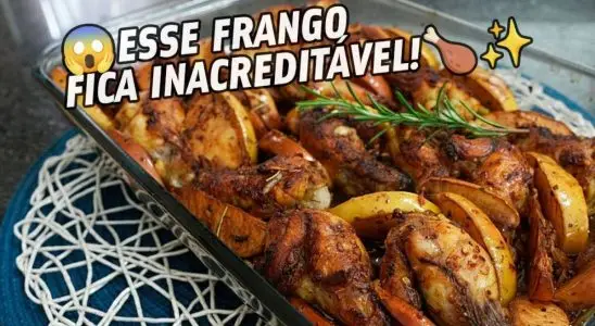 Frango assado com maçã: a combinação inusitada que deixa a carne muito mais suculenta e saborosa 1 frango assado com maçã