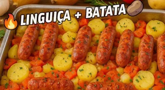 Linguiça assada com legumes simples e saborosa, prato fácil e completo para seu almoço 1 linguiça assada com legumes