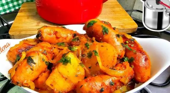 Almoço de uma panela só: rápido e fácil, linguiça com batata na pressão para o almoço 1 almoço de uma panela só