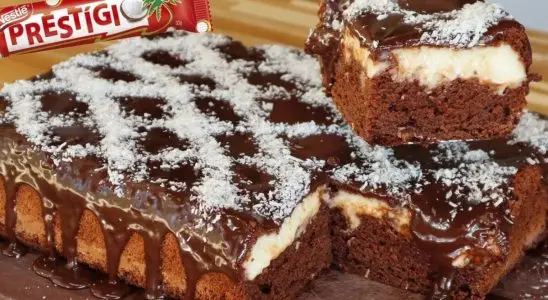 Bolo bomba de prestígio, que já sai recheado do forno e fica com uma textura e um sabor incríveis 1 Bolo bomba de prestígio