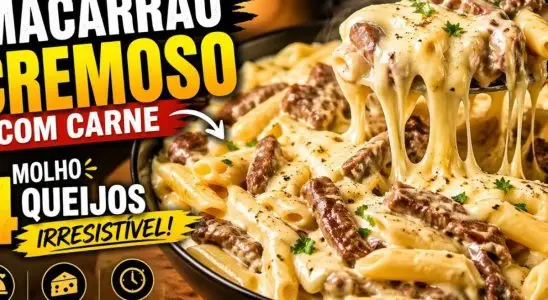 Macarrão com molho 4 queijos incrivelmente cremoso e acompanhado de uma carne super suculenta 2 Macarrão com molho 4 queijos